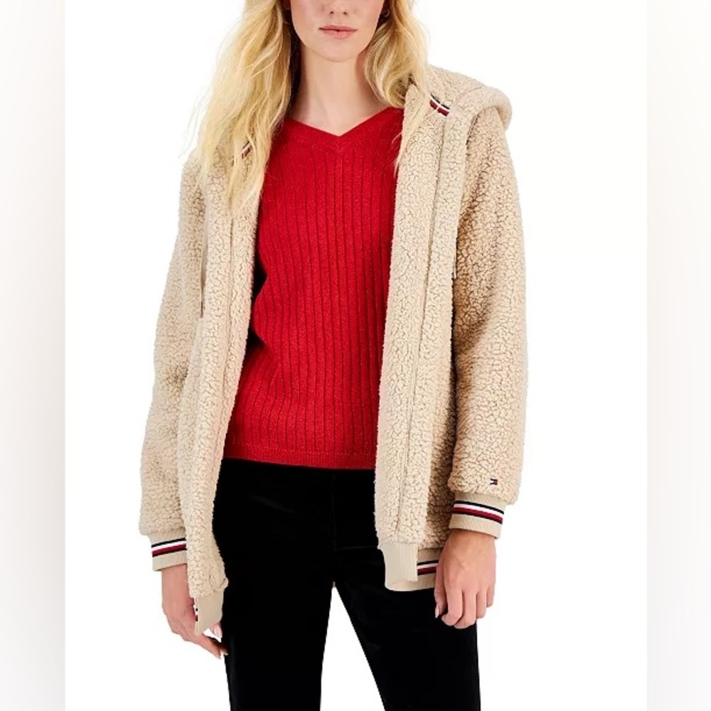 Tommy Hilfiger Women’s Sherpa Fleece Open Hooded Beige Jacket Size 1X NWT
